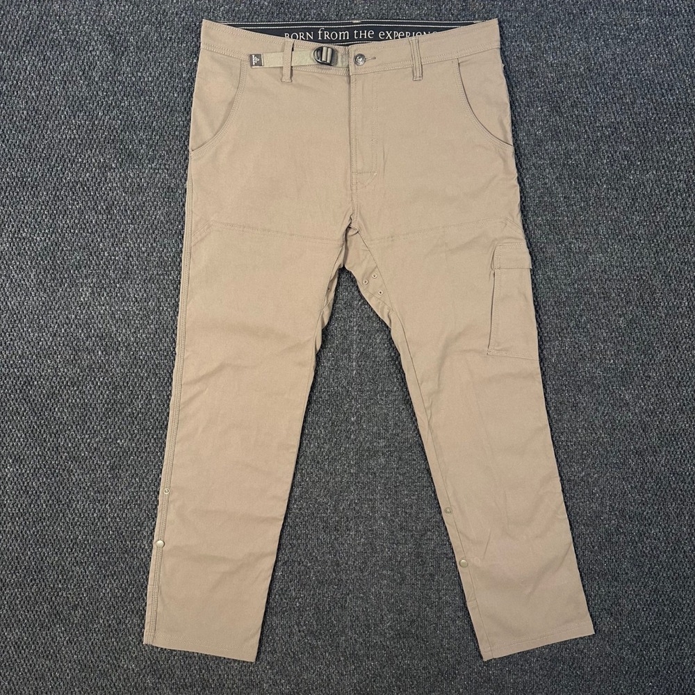 prAna Stretch Zion Cargo Hiking Pant Men 34x30 Tan Straight Belt Utility Outdoor